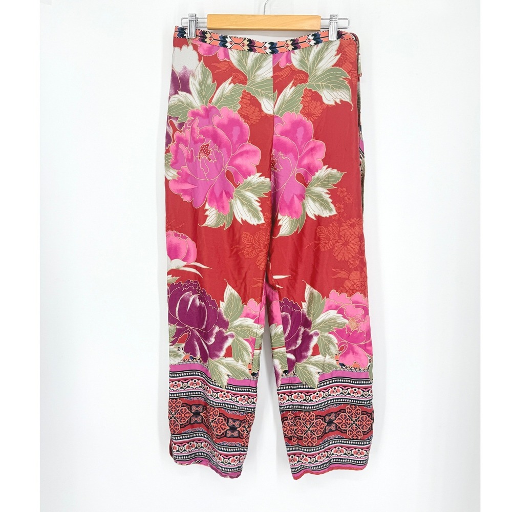Natori Womens Floral Satin Wide Leg Lounge Pants M Asian Peony‎ Boho Loungewear